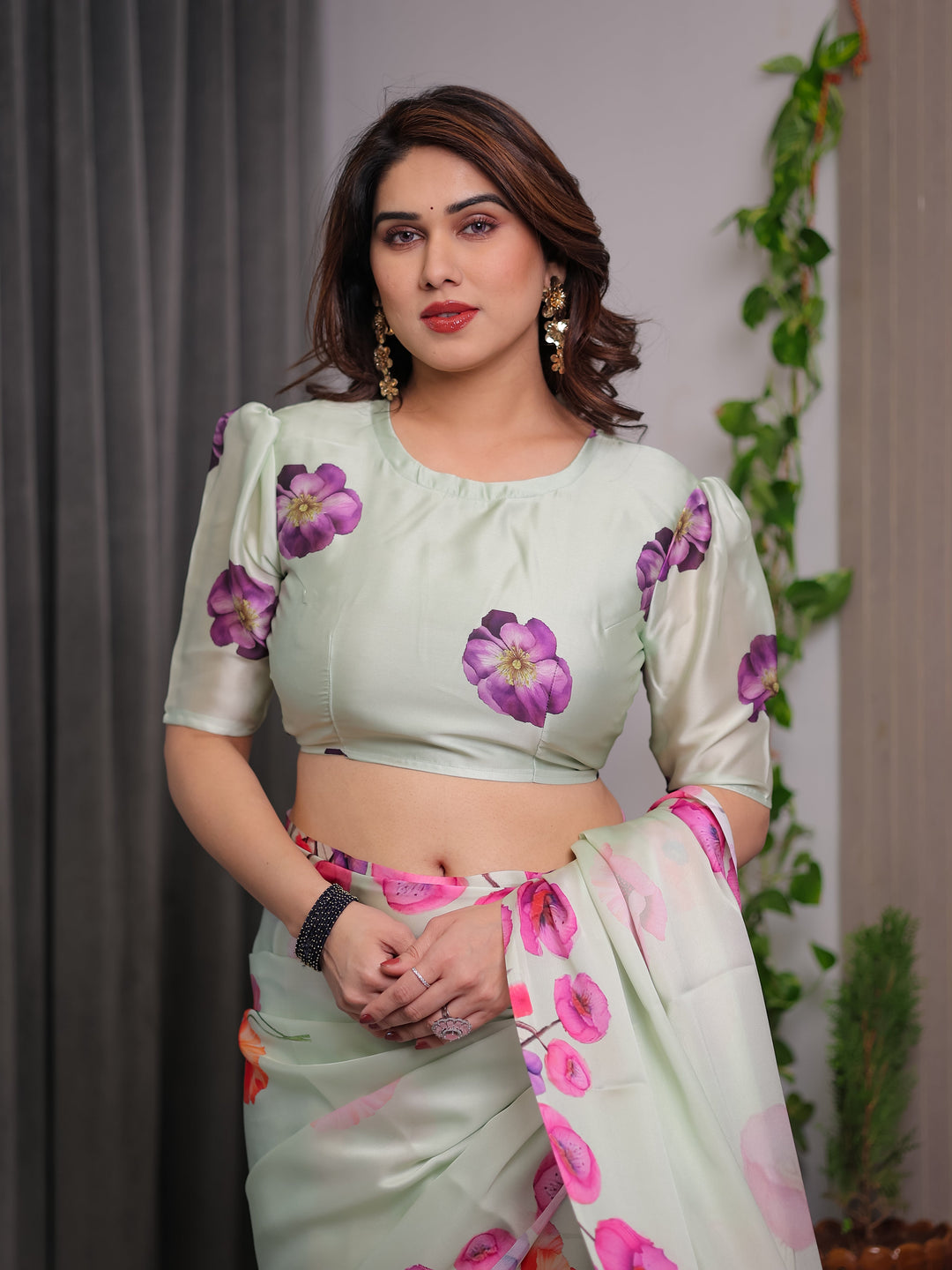 Mint Green Satin Georgette Floral Printed Saree with Attached Blouse – Soft Pastel Designer Saree with Watercolor Bloom Detailing