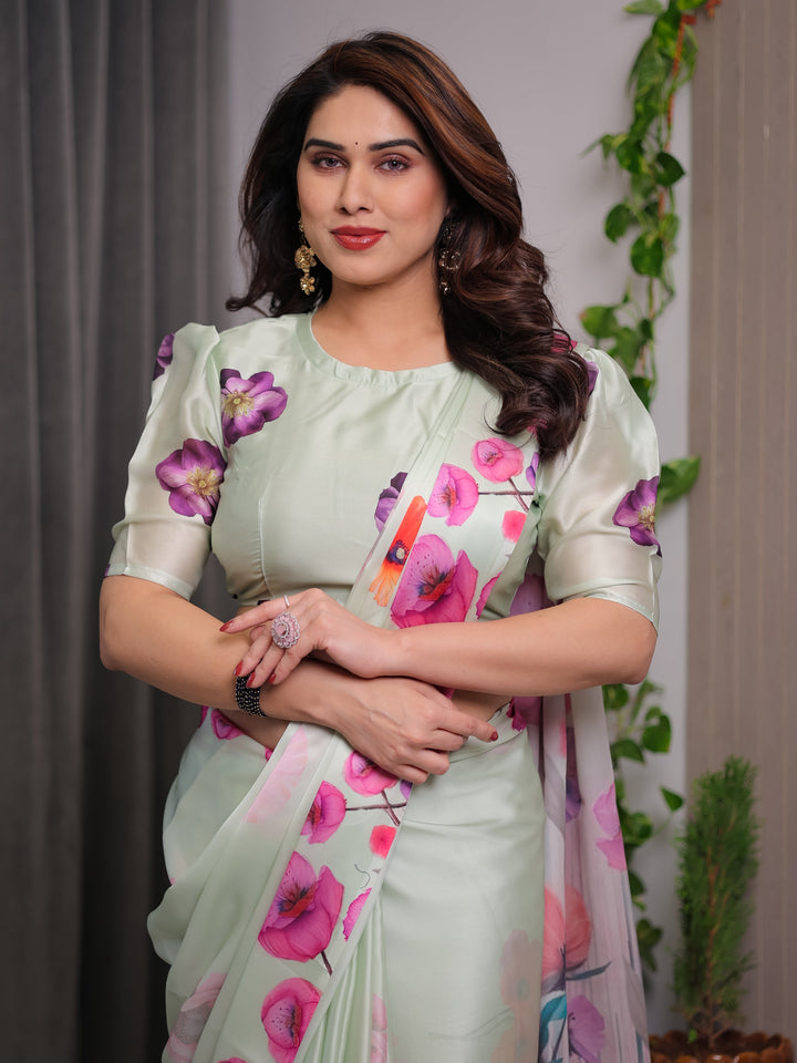 Mint Green Satin Georgette Floral Printed Saree with Attached Blouse – Soft Pastel Designer Saree with Watercolor Bloom Detailing