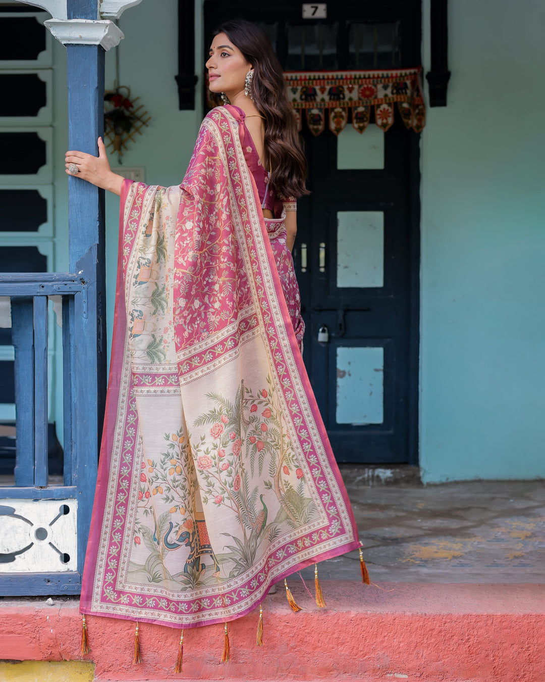 Rose Pink Handloom Cotton Saree with Ivory Elephant Procession Pallu & Floral Print