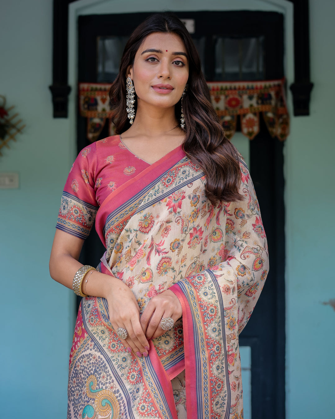 Ivory Pink Handloom Cotton Saree with Floral Print & Traditional Peacock Arch Pallu