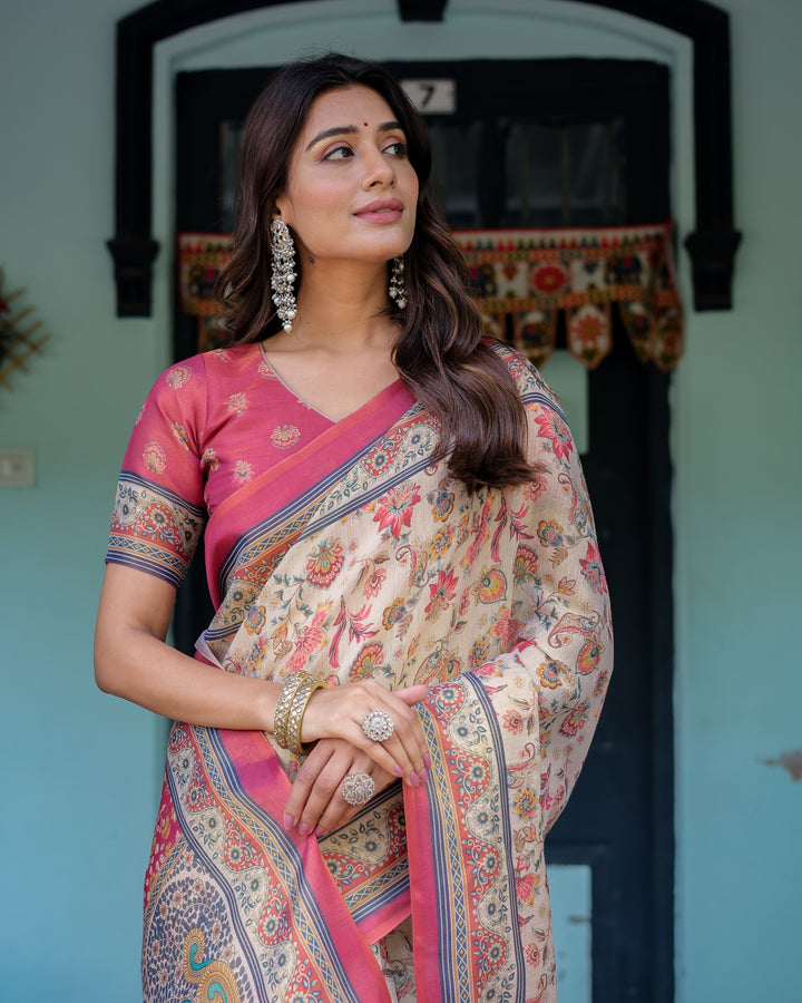 Ivory Pink Handloom Cotton Saree with Floral Print & Traditional Peacock Arch Pallu