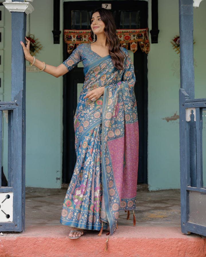 Dusty Blue Handloom Cotton Saree with Floral Print & Pink Cow Lotus Motif Pallu