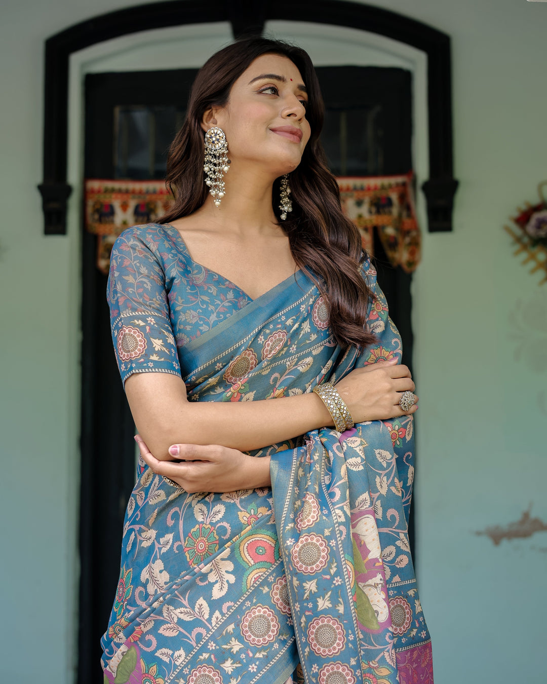 Dusty Blue Handloom Cotton Saree with Floral Print & Pink Cow Lotus Motif Pallu