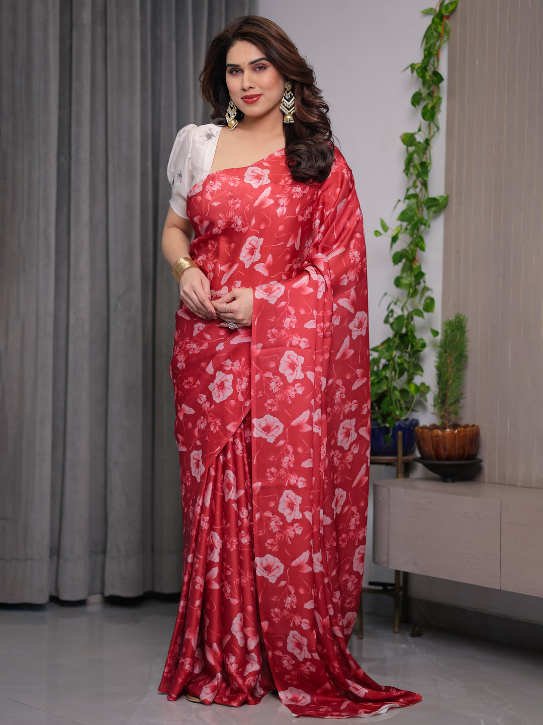 Red Satin Georgette Floral Printed Saree with Attached Blouse – Elegant Soft-Flow Designer Saree for Parties & Festive Wear