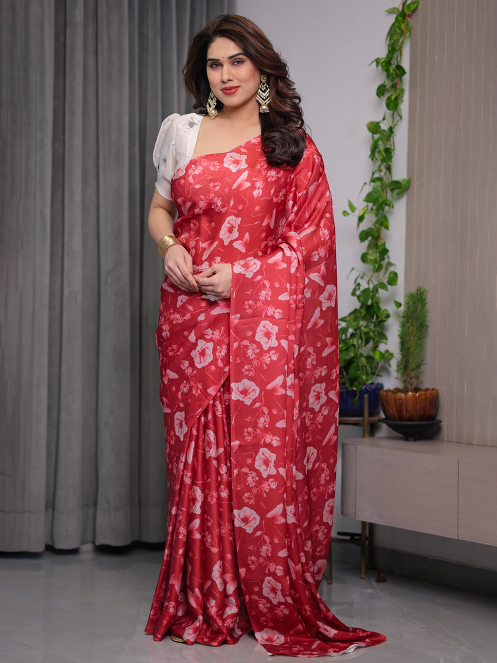 Red Satin Georgette Floral Printed Saree with Attached Blouse – Elegant Soft-Flow Designer Saree for Parties & Festive Wear