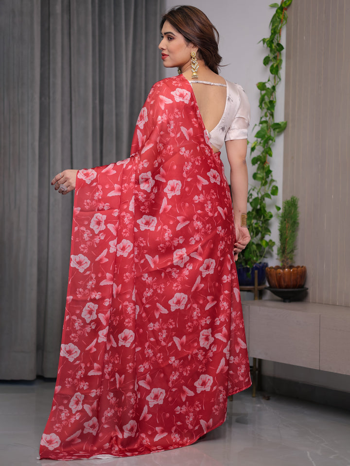 Red Satin Georgette Floral Printed Saree with Attached Blouse – Elegant Soft-Flow Designer Saree for Parties & Festive Wear
