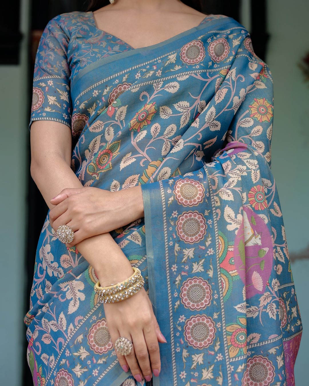 Dusty Blue Handloom Cotton Saree with Floral Print & Pink Cow Lotus Motif Pallu