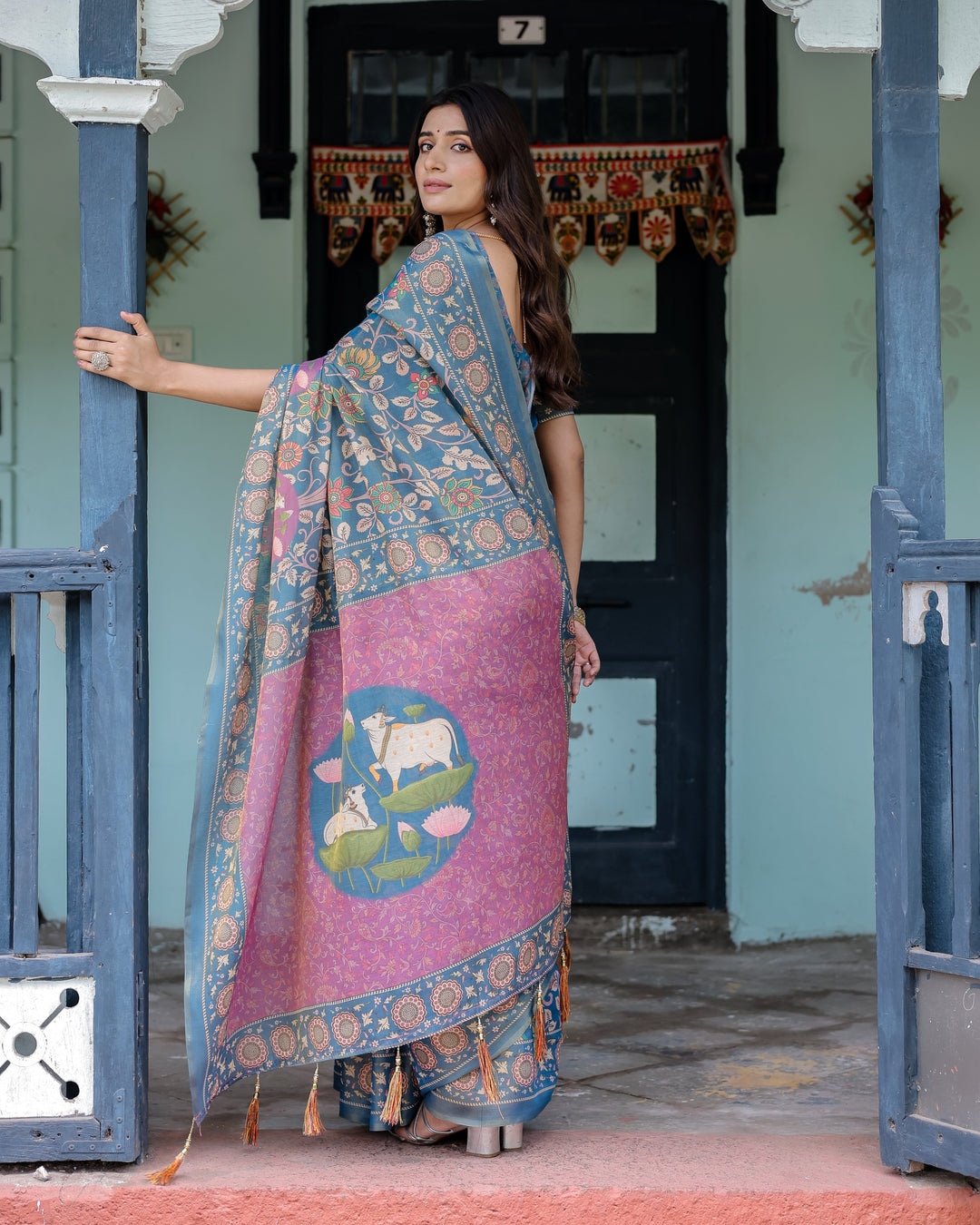 Dusty Blue Handloom Cotton Saree with Floral Print & Pink Cow Lotus Motif Pallu