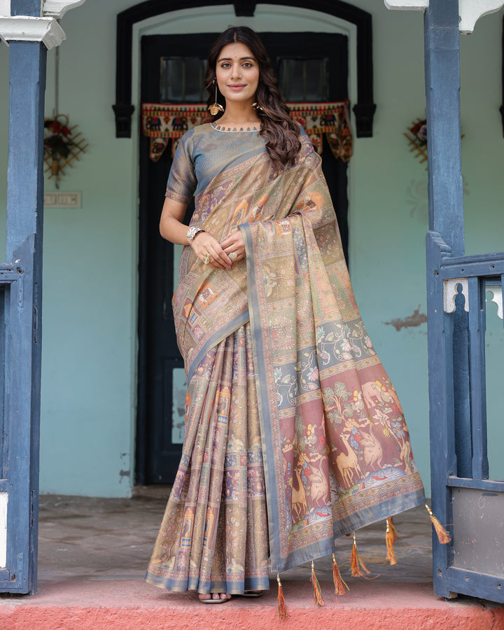 Rust Beige Handloom Cotton Saree with Royal Animal Caravan & Scenic Village Pallu