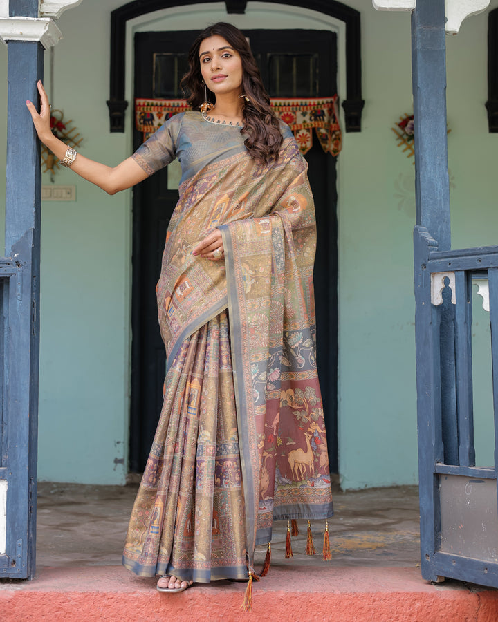 Rust Beige Handloom Cotton Saree with Royal Animal Caravan & Scenic Village Pallu