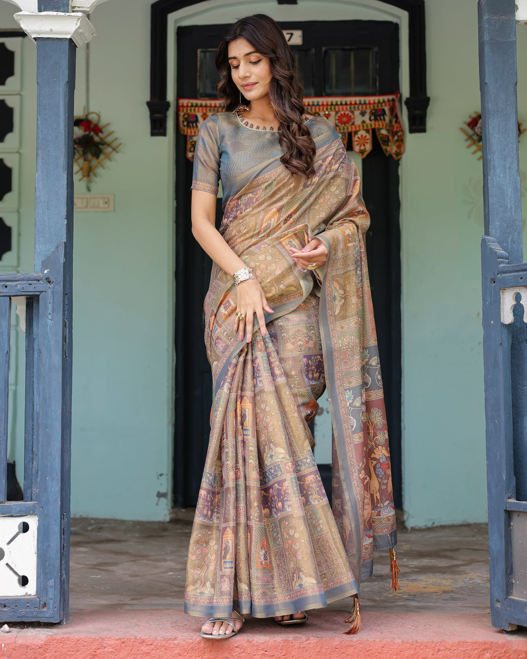 Rust Beige Handloom Cotton Saree with Royal Animal Caravan & Scenic Village Pallu