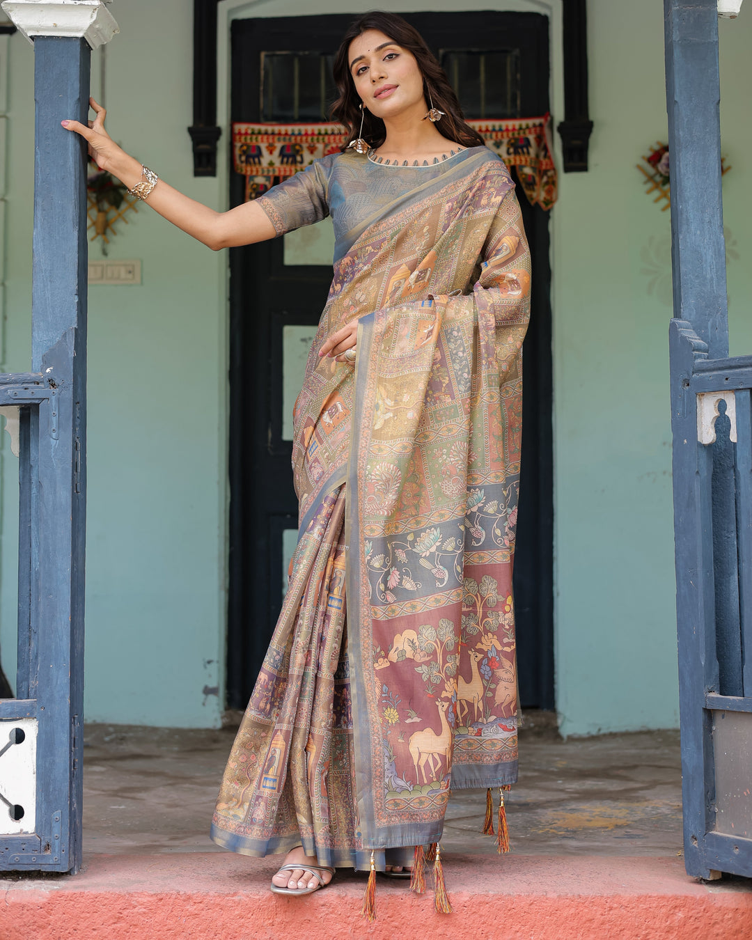 Rust Beige Handloom Cotton Saree with Royal Animal Caravan & Scenic Village Pallu