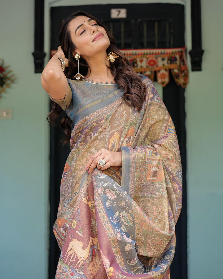 Rust Beige Handloom Cotton Saree with Royal Animal Caravan & Scenic Village Pallu