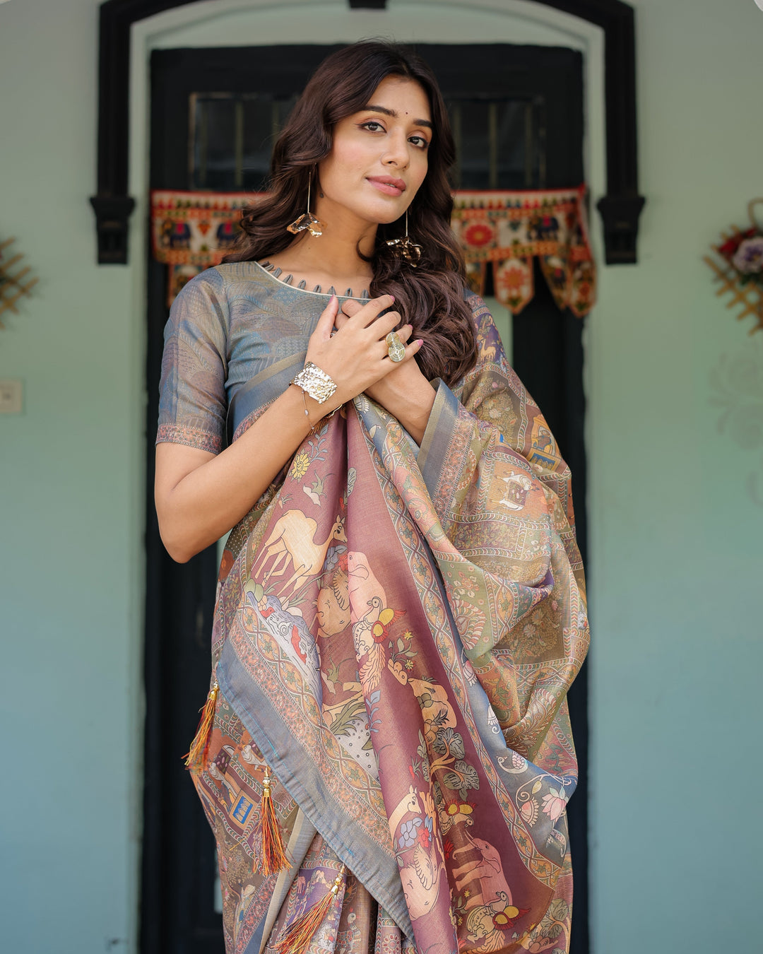 Rust Beige Handloom Cotton Saree with Royal Animal Caravan & Scenic Village Pallu