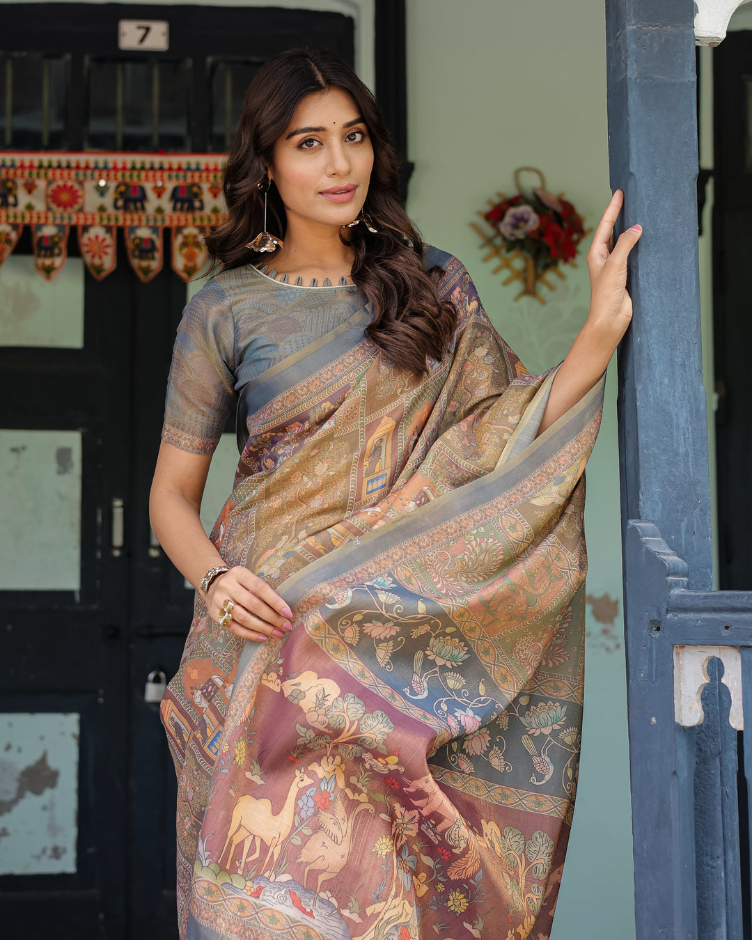 Rust Beige Handloom Cotton Saree with Royal Animal Caravan & Scenic Village Pallu