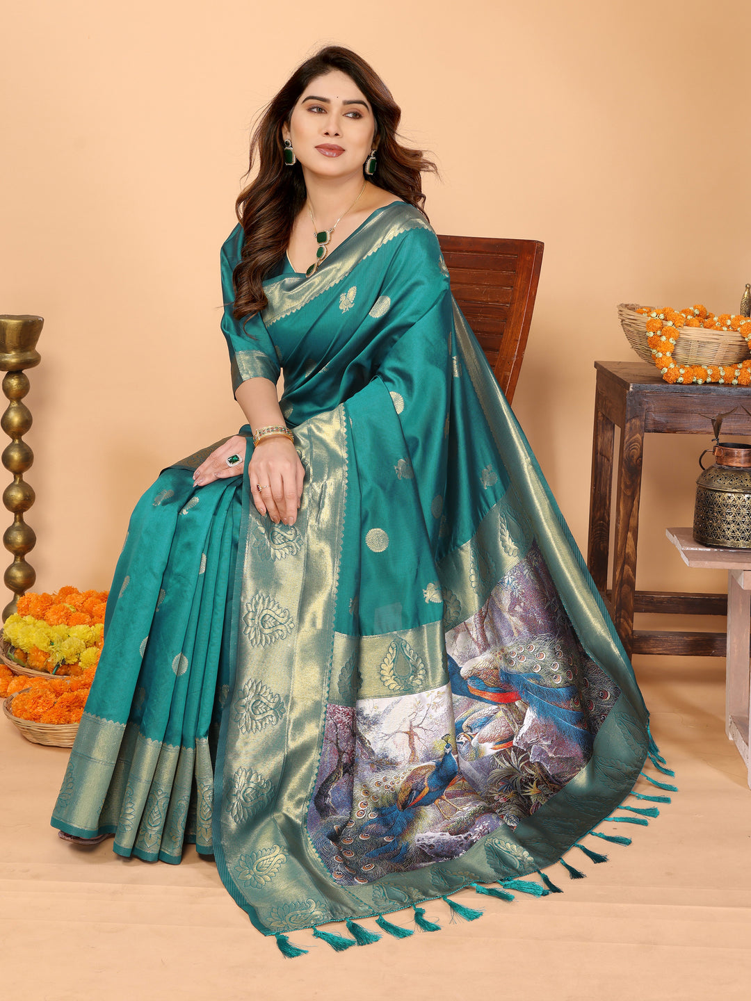 Teal Green Banarasi Silk Saree with Golden Zari Weaving & Peacock Digital Print Pallu – Festive & Wedding Wear
