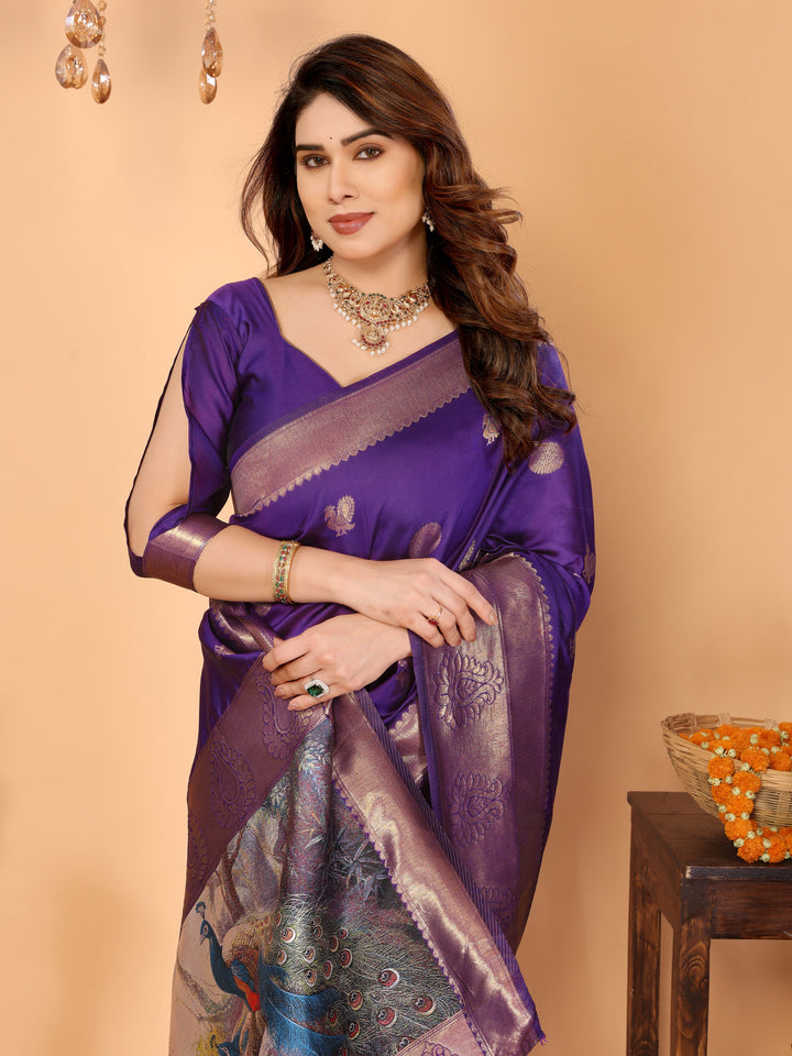 Royal Purple Banarasi Silk Saree with Golden Zari Weaving & Peacock Digital Pallu – Elegant Festive Wear