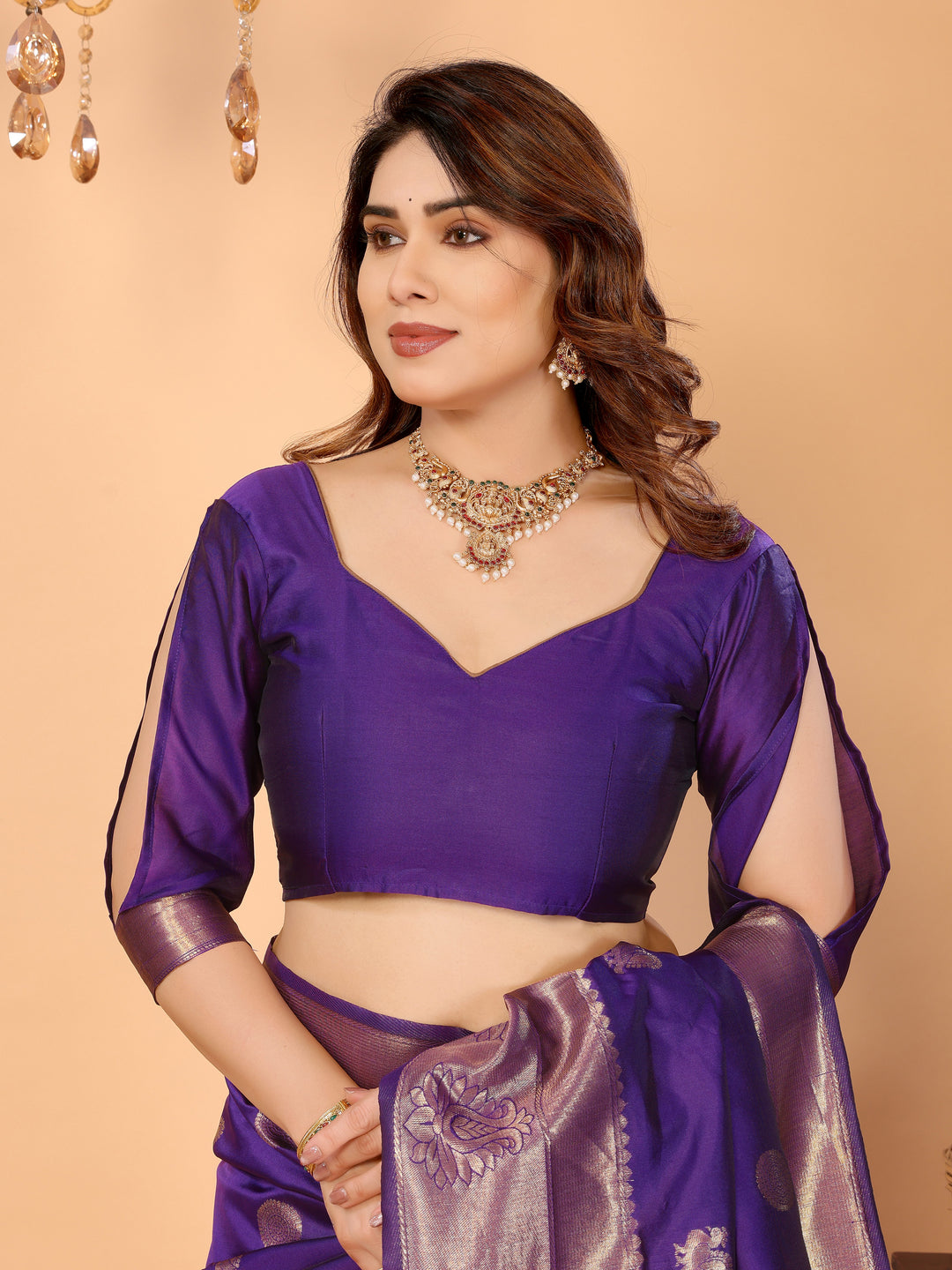 Royal Purple Banarasi Silk Saree with Golden Zari Weaving & Peacock Digital Pallu – Elegant Festive Wear