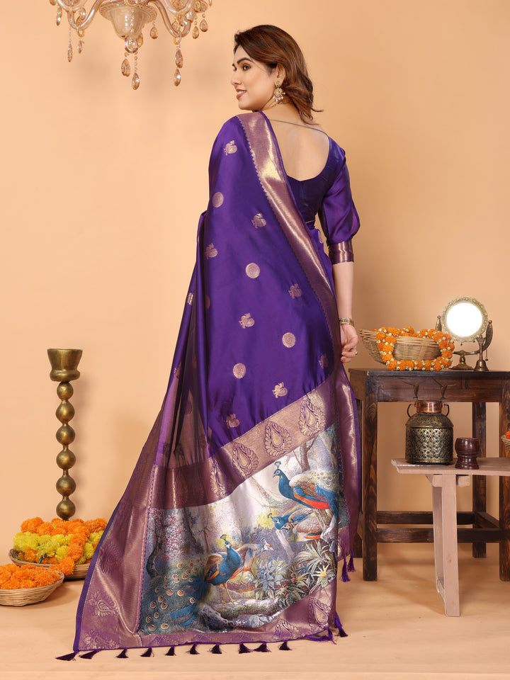 Royal Purple Banarasi Silk Saree with Golden Zari Weaving & Peacock Digital Pallu – Elegant Festive Wear