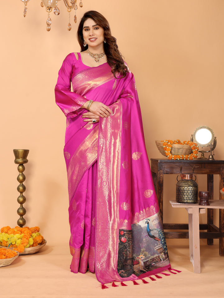 Rani Pink Banarasi Silk Saree with Golden Zari Weaving & Artistic Peacock Digital Pallu – Traditional Festive Wear