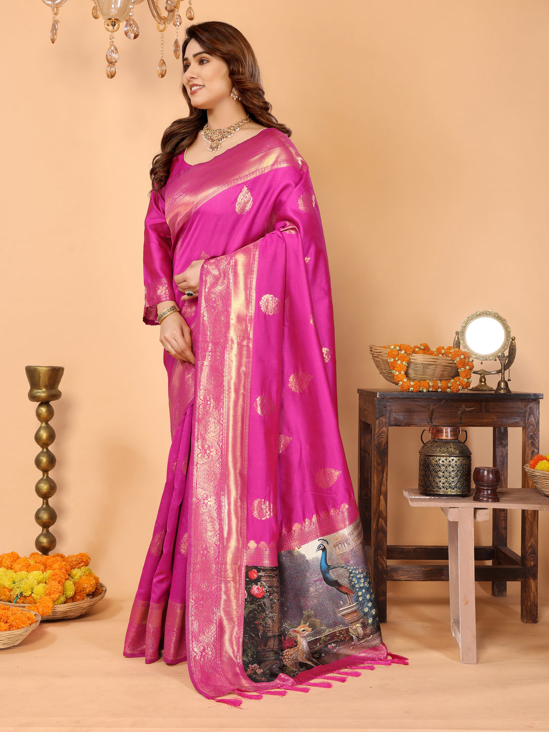 Rani Pink Banarasi Silk Saree with Golden Zari Weaving & Artistic Peacock Digital Pallu – Traditional Festive Wear