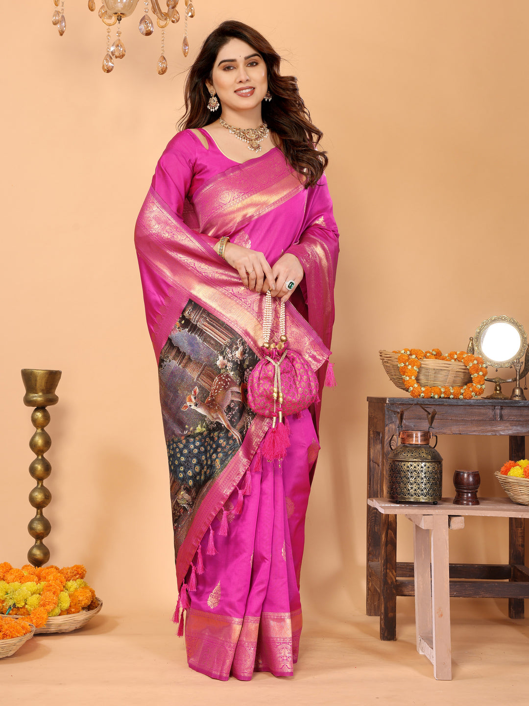 Rani Pink Banarasi Silk Saree with Golden Zari Weaving & Artistic Peacock Digital Pallu – Traditional Festive Wear