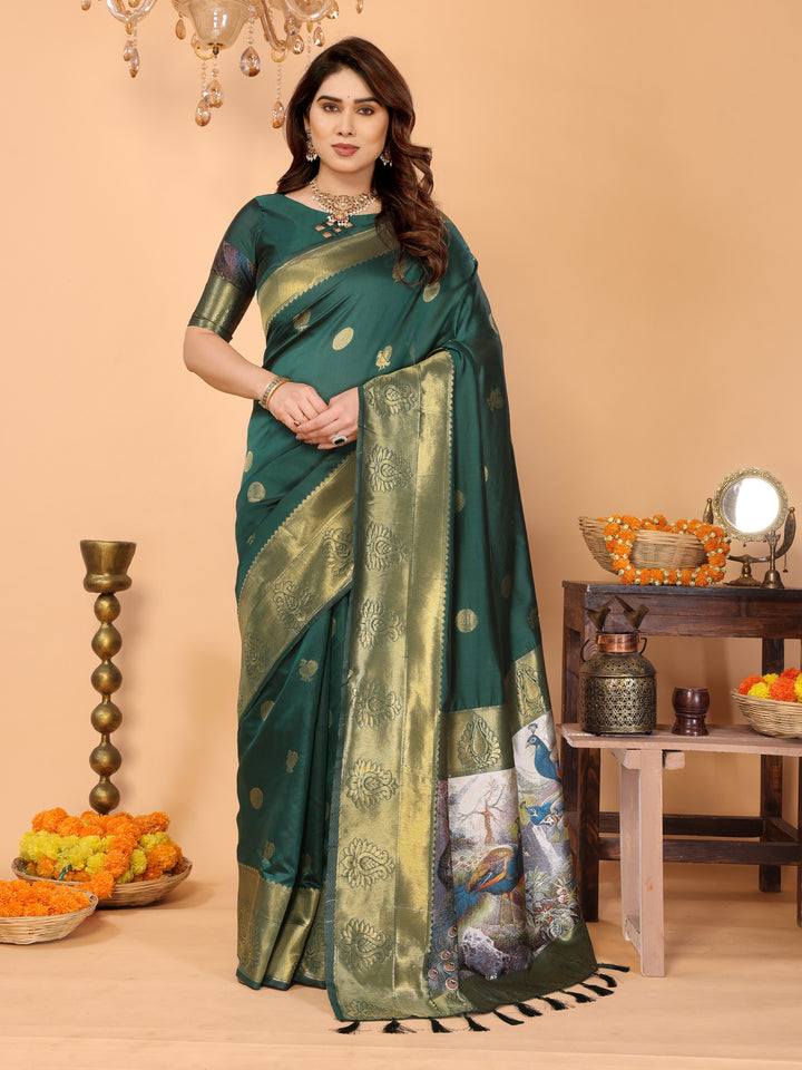 Bottle Green Banarasi Silk Saree with Golden Zari Weaving & Peacock Digital Pallu – Elegant Wedding & Festive Wear