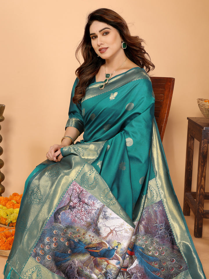 Teal Green Banarasi Silk Saree with Golden Zari Weaving & Peacock Digital Print Pallu – Festive & Wedding Wear