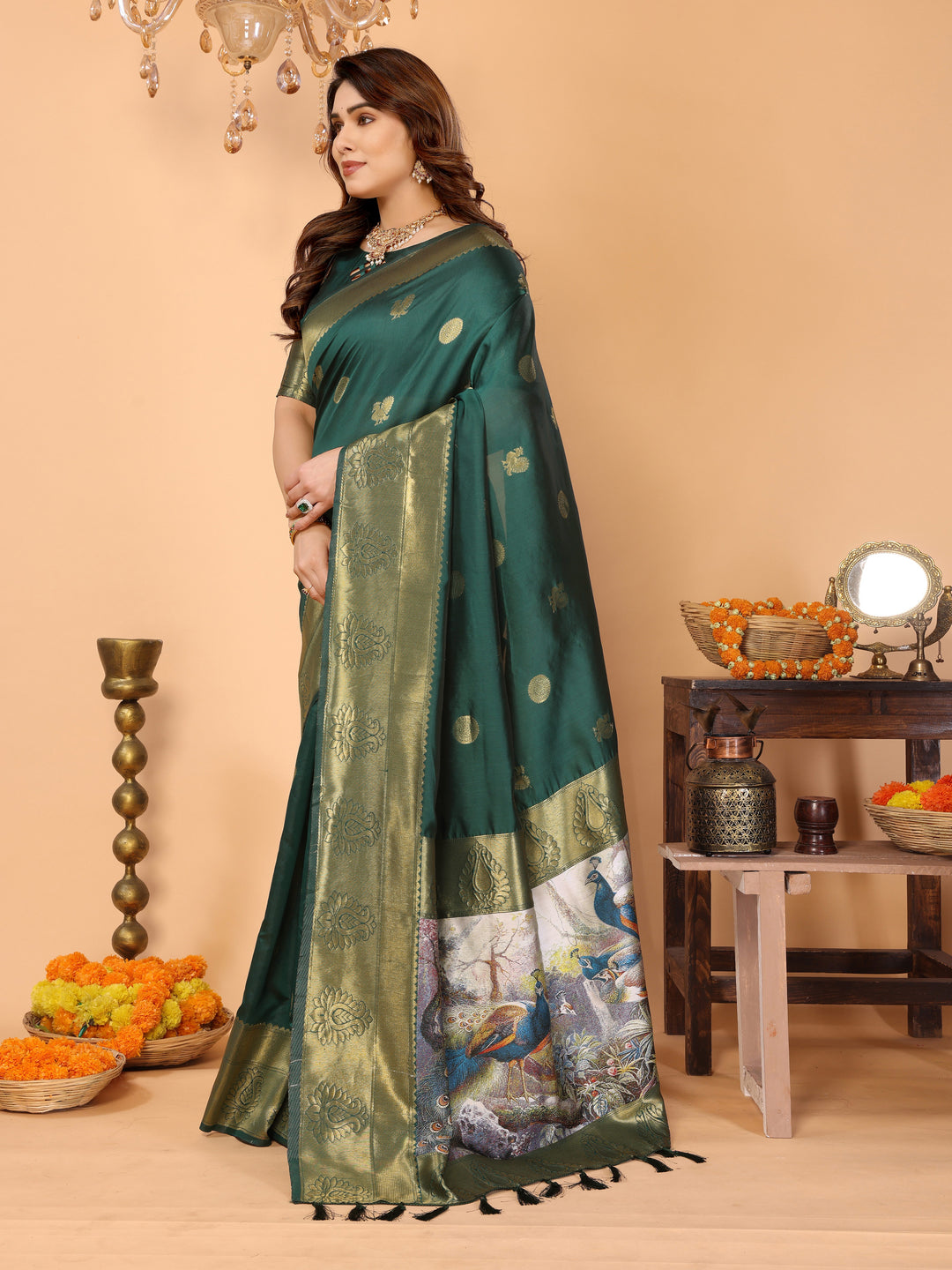 Bottle Green Banarasi Silk Saree with Golden Zari Weaving & Peacock Digital Pallu – Elegant Wedding & Festive Wear