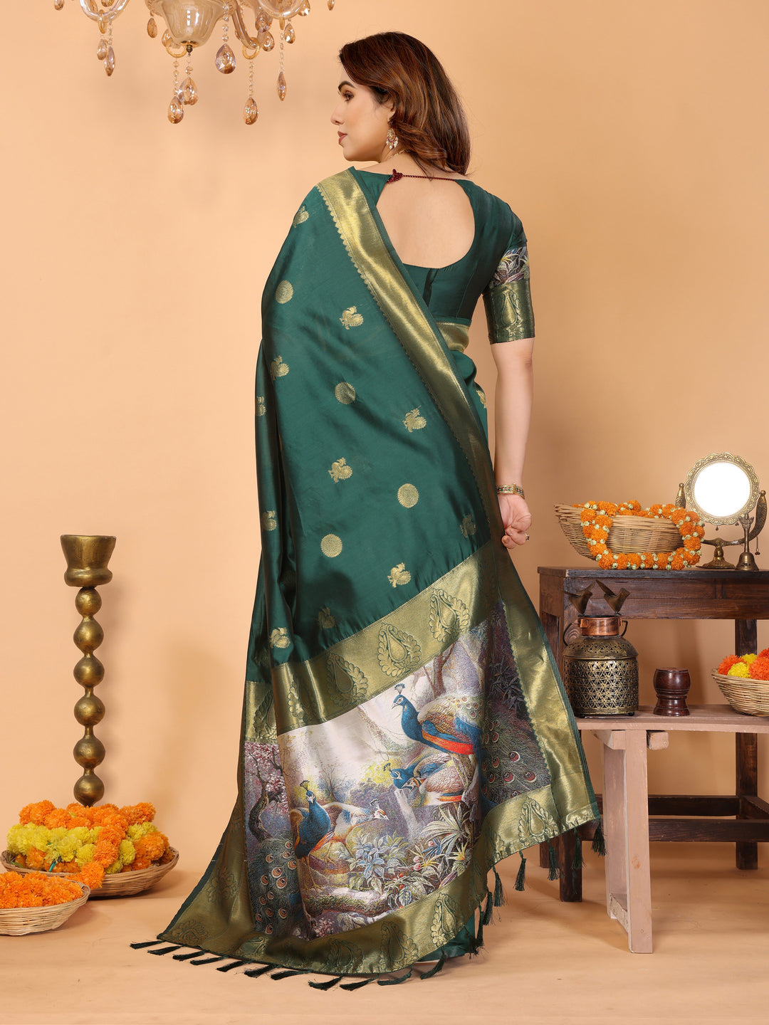 Bottle Green Banarasi Silk Saree with Golden Zari Weaving & Peacock Digital Pallu – Elegant Wedding & Festive Wear
