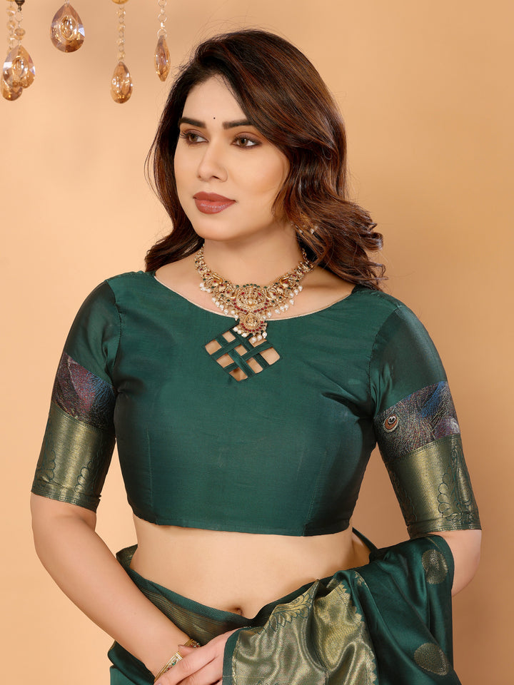 Bottle Green Banarasi Silk Saree with Golden Zari Weaving & Peacock Digital Pallu – Elegant Wedding & Festive Wear