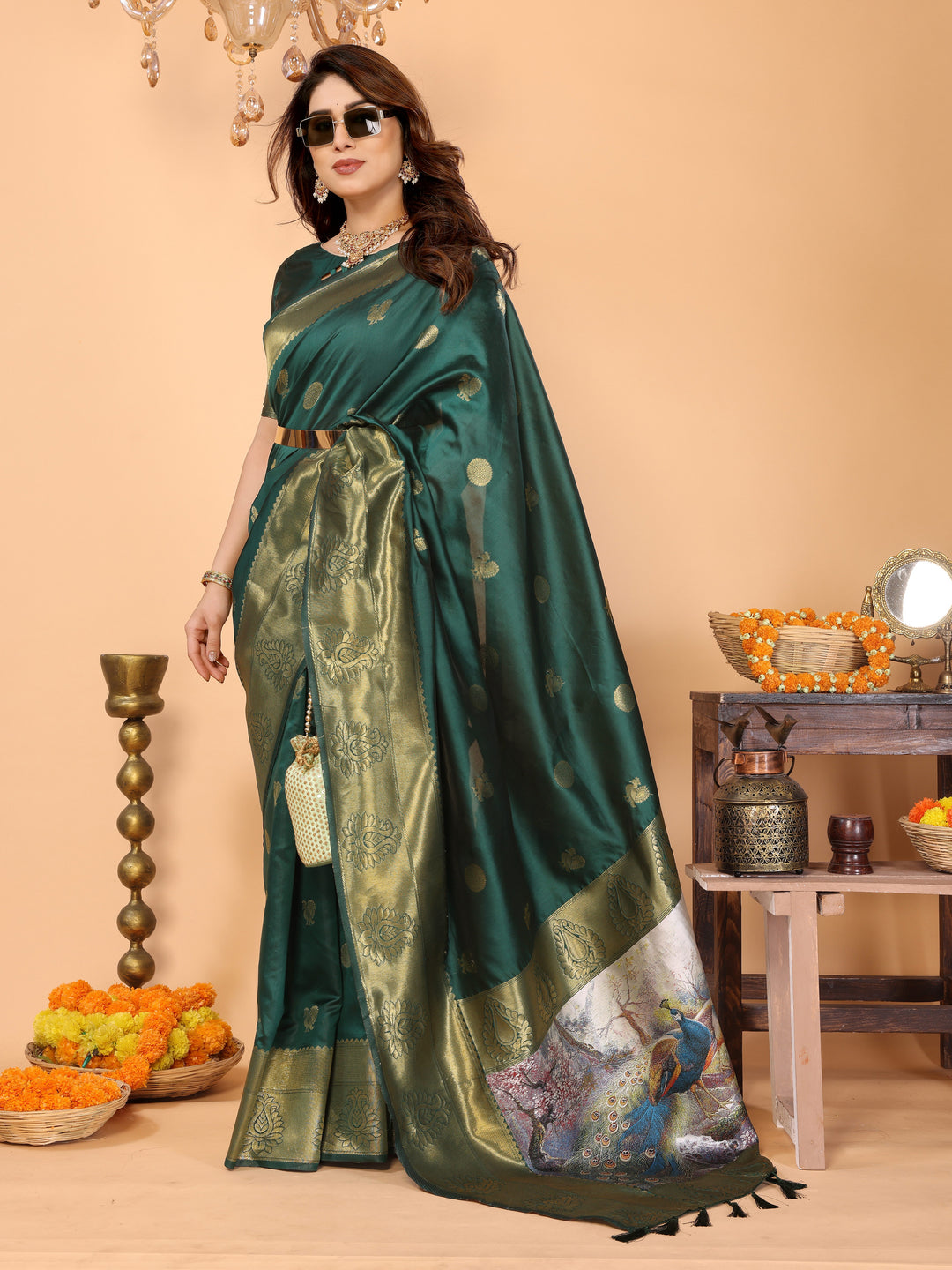 Bottle Green Banarasi Silk Saree with Golden Zari Weaving & Peacock Digital Pallu – Elegant Wedding & Festive Wear