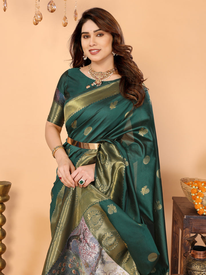 Bottle Green Banarasi Silk Saree with Golden Zari Weaving & Peacock Digital Pallu – Elegant Wedding & Festive Wear