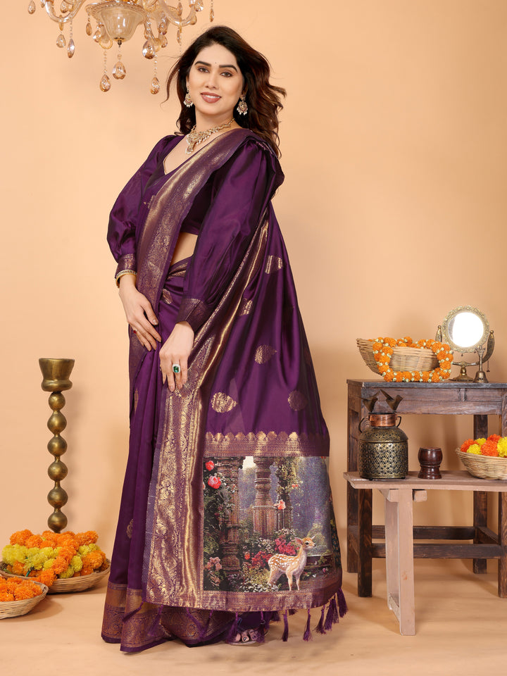Deep Purple Banarasi Silk Saree with Rich Zari Weaving & Royal Peacock Digital Pallu – Perfect for Wedding & Festive Occasions