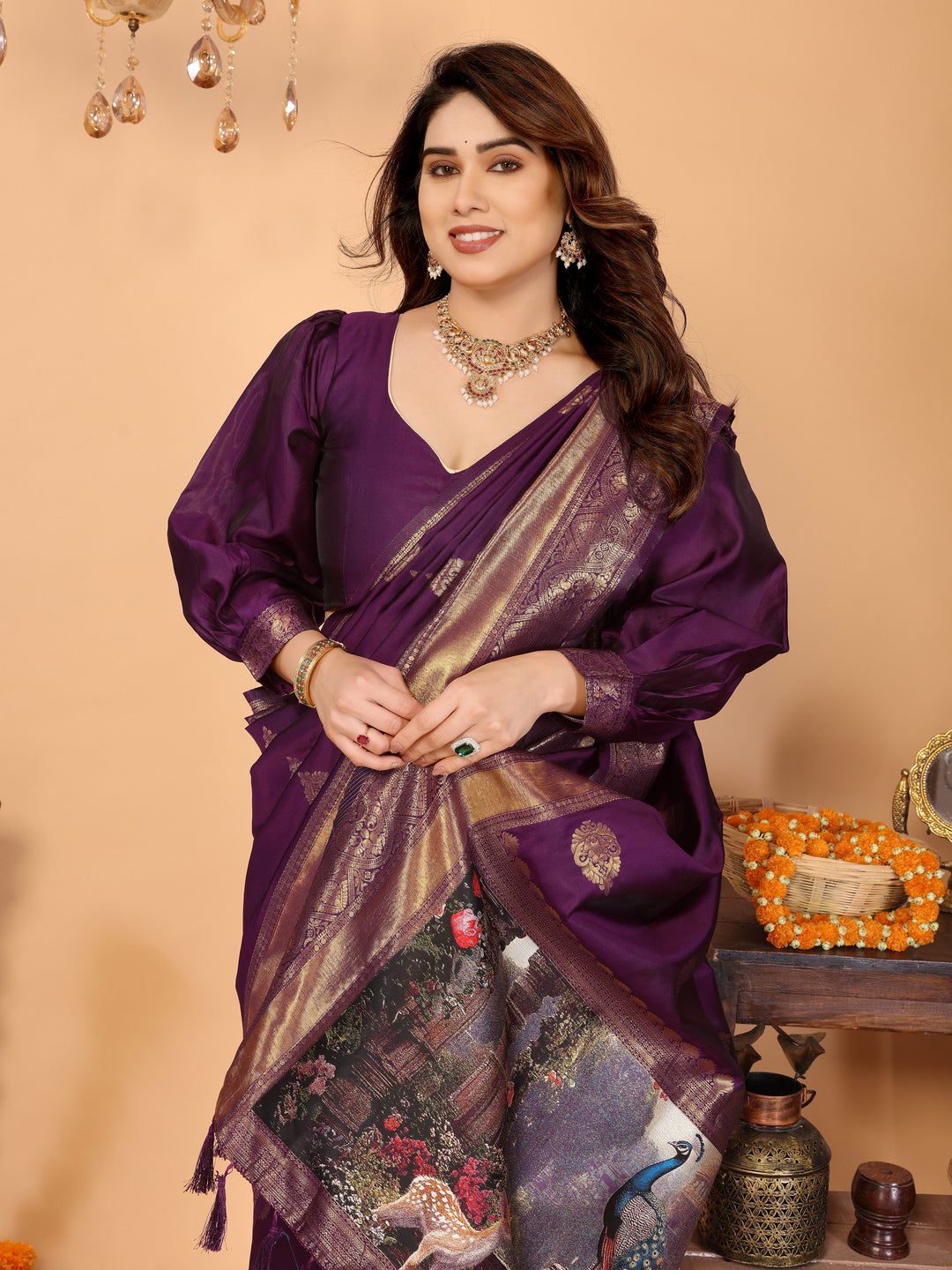 Deep Purple Banarasi Silk Saree with Rich Zari Weaving & Royal Peacock Digital Pallu – Perfect for Wedding & Festive Occasions