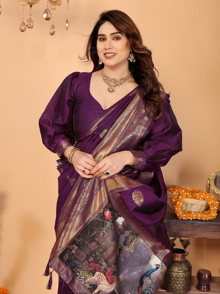 Deep Purple Banarasi Silk Saree with Rich Zari Weaving & Royal Peacock Digital Pallu – Perfect for Wedding & Festive Occasions
