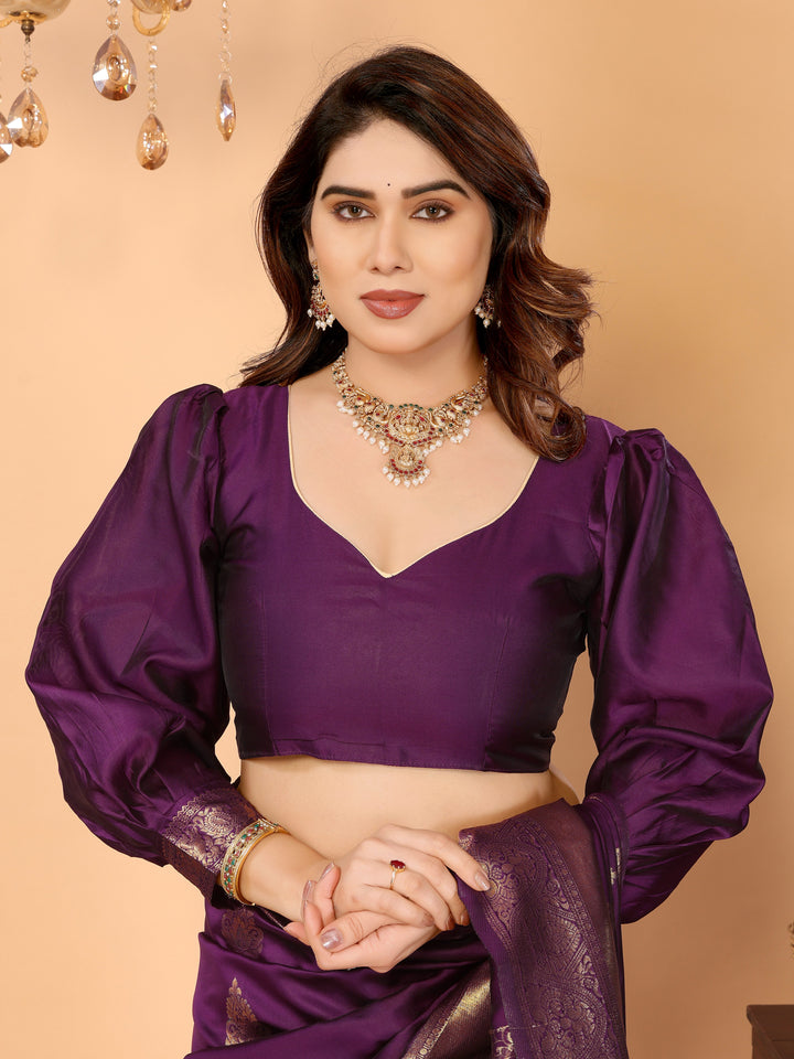 Deep Purple Banarasi Silk Saree with Rich Zari Weaving & Royal Peacock Digital Pallu – Perfect for Wedding & Festive Occasions