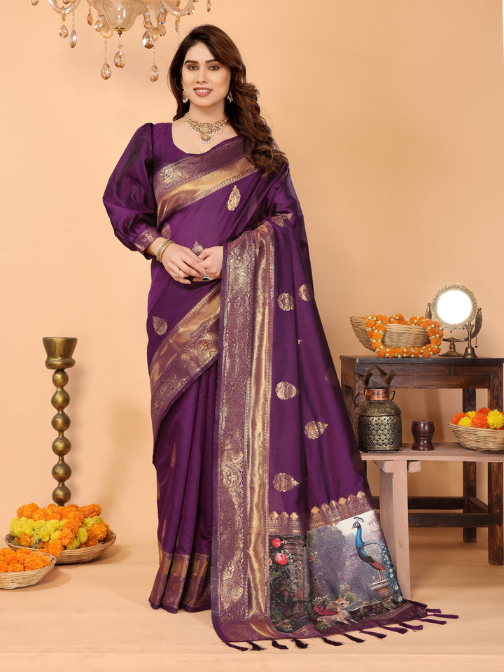 Deep Purple Banarasi Silk Saree with Rich Zari Weaving & Royal Peacock Digital Pallu – Perfect for Wedding & Festive Occasions