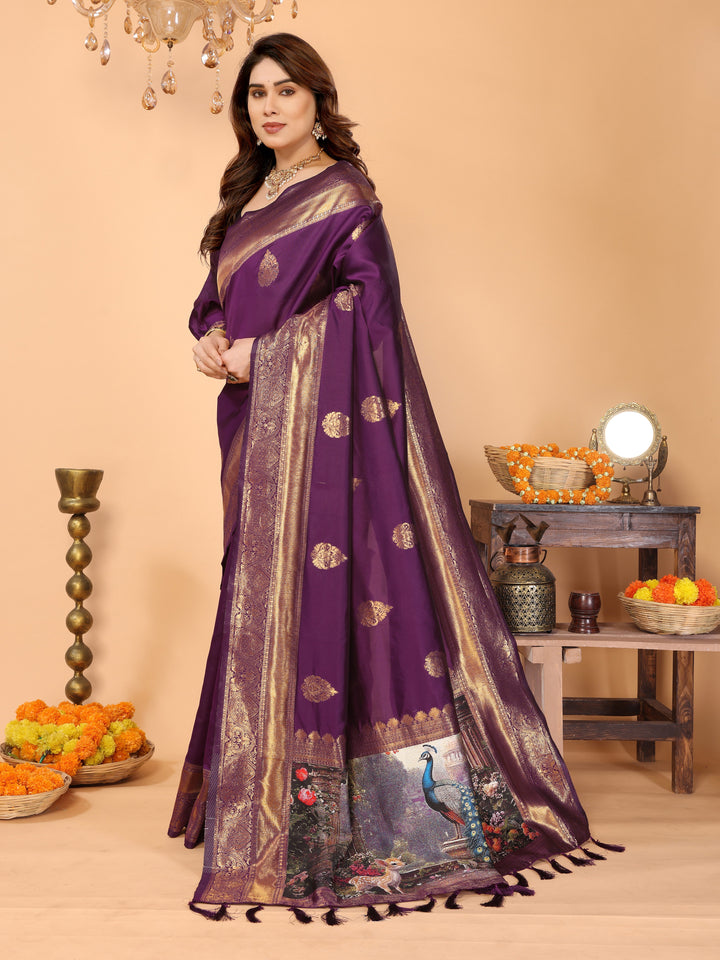 Deep Purple Banarasi Silk Saree with Rich Zari Weaving & Royal Peacock Digital Pallu – Perfect for Wedding & Festive Occasions
