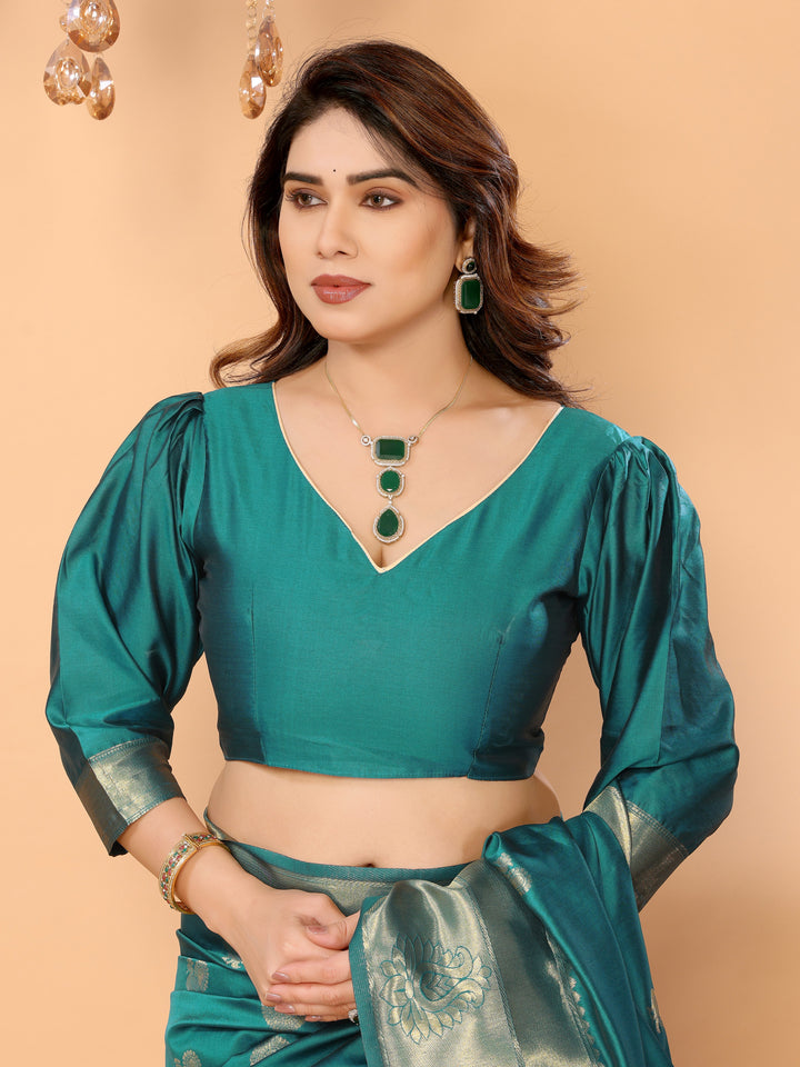 Teal Green Banarasi Silk Saree with Golden Zari Weaving & Peacock Digital Print Pallu – Festive & Wedding Wear