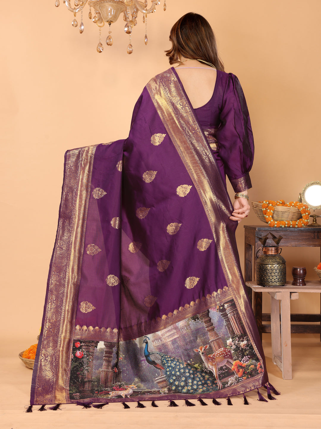 Deep Purple Banarasi Silk Saree with Rich Zari Weaving & Royal Peacock Digital Pallu – Perfect for Wedding & Festive Occasions