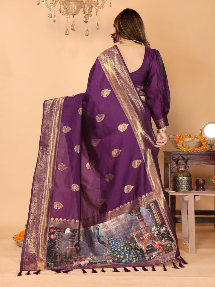 Deep Purple Banarasi Silk Saree with Rich Zari Weaving & Royal Peacock Digital Pallu – Perfect for Wedding & Festive Occasions