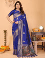 Royal Blue Banarasi Silk Saree with Golden Zari Weaving & Temple Peacock Digital Pallu – Festive & Wedding Special