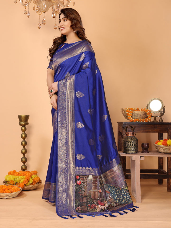 Royal Blue Banarasi Silk Saree with Golden Zari Weaving & Temple Peacock Digital Pallu – Festive & Wedding Special