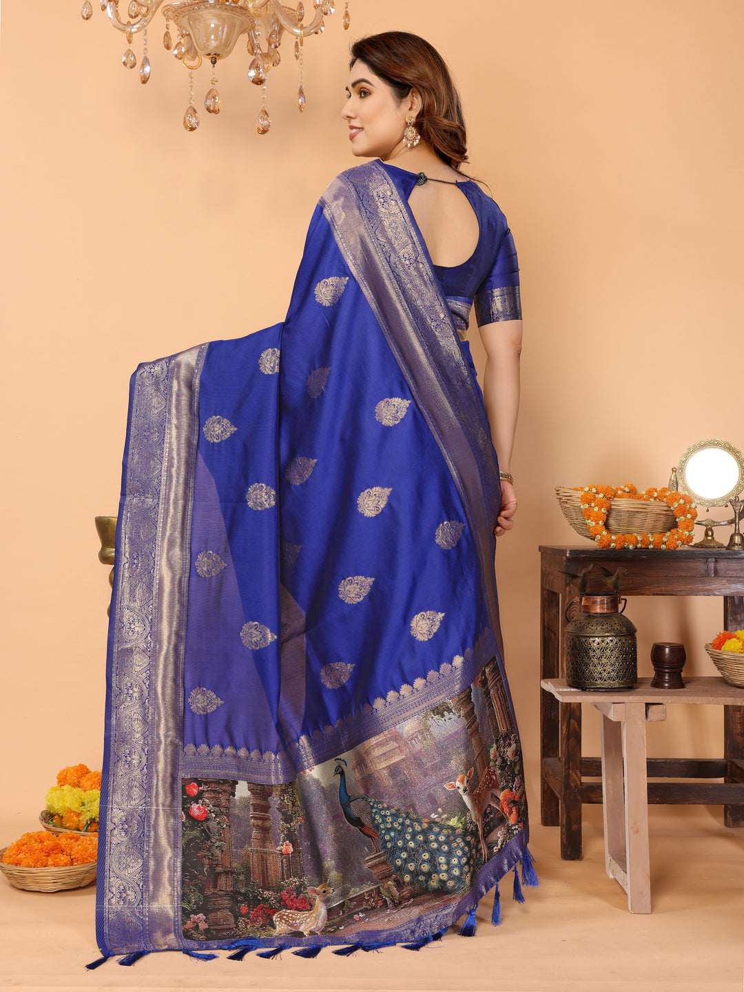 Royal Blue Banarasi Silk Saree with Golden Zari Weaving & Temple Peacock Digital Pallu – Festive & Wedding Special