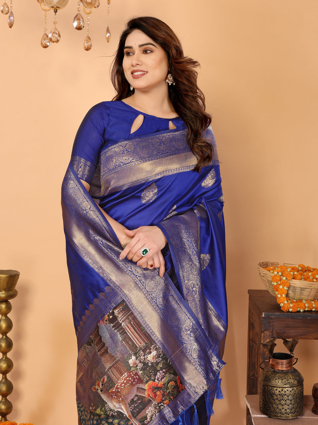 Royal Blue Banarasi Silk Saree with Golden Zari Weaving & Temple Peacock Digital Pallu – Festive & Wedding Special