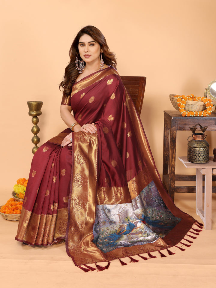 Maroon Banarasi Silk Saree with Golden Zari Woven Border & Peacock Digital Print Pallu – Bridal & Festive Special
