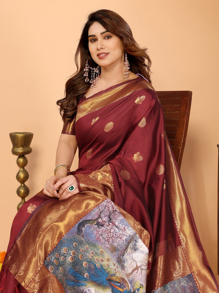 Maroon Banarasi Silk Saree with Golden Zari Woven Border & Peacock Digital Print Pallu – Bridal & Festive Special