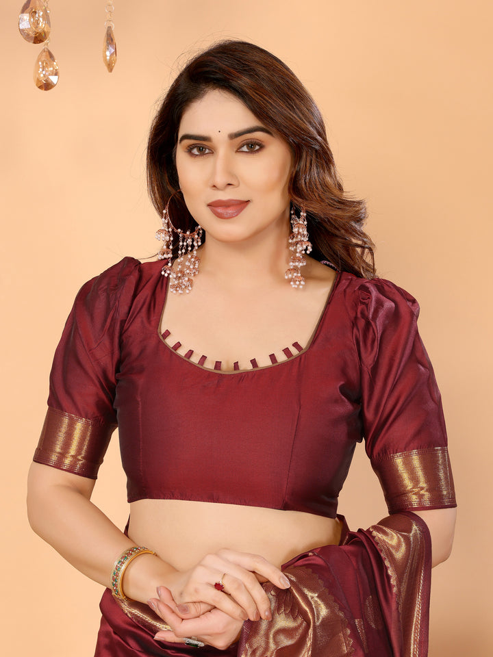 Maroon Banarasi Silk Saree with Golden Zari Woven Border & Peacock Digital Print Pallu – Bridal & Festive Special