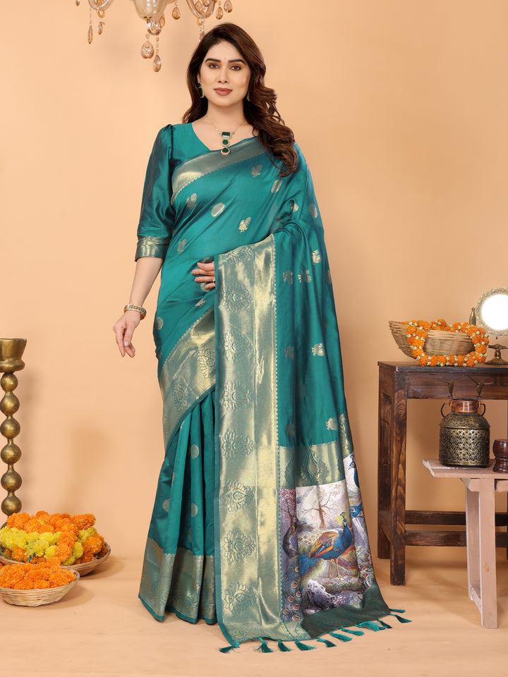 Teal Green Banarasi Silk Saree with Golden Zari Weaving & Peacock Digital Print Pallu – Festive & Wedding Wear